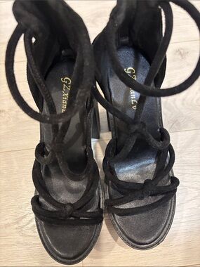 Black Suede Lace-Up Block Heel Sandals